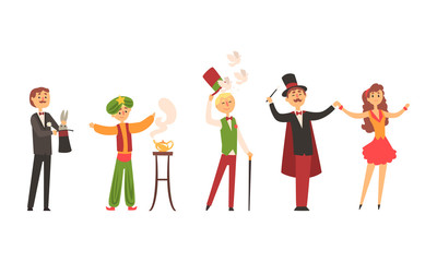 Magicians Performing Tricks Set, Circus Characters Taking Part at Magic Show, Vector Illustration