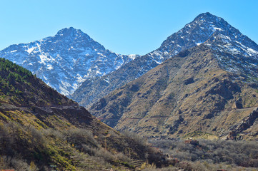 Naklejka premium High atlas mountains including mount ain Jabal Toubkal from Imlil and the valley around in Morocco