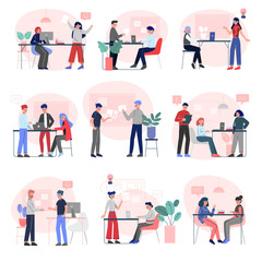 Office Emloyees at Work Set, Business Colleagues Characters Working, Meeting and Exchange Thoughts in Creative Open Space Office Flat Vector Illustration