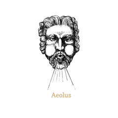 Aeolus, God keeper of winds hand drawn in engraving style. Vector graphic illustration of astrological deity Astraeus.