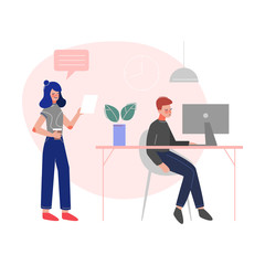 Creative Business People Characters Working in Coworking Space, Modern Office Interior Vector Illustration