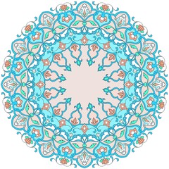 Floral pattern round mandala with persian patterns. Blue and pink color.