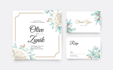 Wedding invitation card set template with floral watercolor