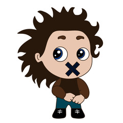 Emoticon with a boy whose mouth is glued with a plaster cross, color vector emoji on a white isolated background