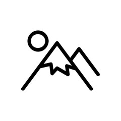 The mountain sun icon is a vector. Thin line sign. Isolated contour symbol illustration