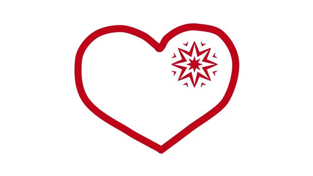 Red heart on white background. Love story. Valentines day. Drawn animation with a star. 4K