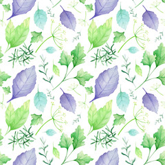 Fototapeta na wymiar Watercolor pattern with parsley, dill, basil, rosemary, mint leaves.