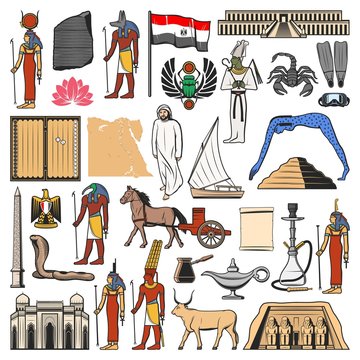 Egypt vector icons with ancient Egyptian travel landmarks, religion and culture symbols. Flag and map of Egypt, pharaoh pyramid, sacred Gods and temples, eagle coat of arms, scarab and felucca boat
