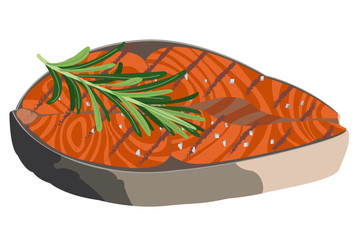 Jpeg illustration. Grilled fish, fresh salmon steak on a white background. Trout filet for cooking healthy food, seafood with omega butter, design element for menu or promotional