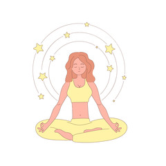 Girl sitting in the lotus position, meditation concept, health benefits of the body, mind and emotions, thought process