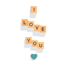 The words I LOVE YOU made with wooden letters, love and Valentines day, heart symbol. solated on white background with clipping path.