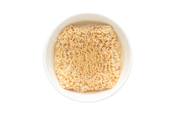 Instant Noodles. Instant Noodles in ceramic bowl top view isolated on white background.