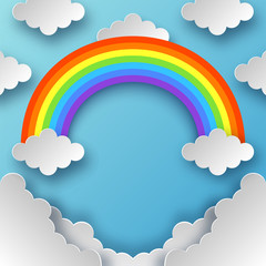 Rainbow and clouds with papercut style vector on blue sky background