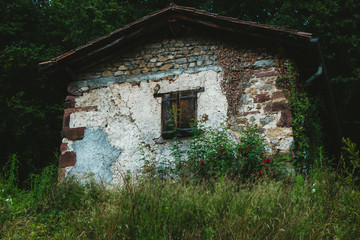 Fototapeta na wymiar An old rustic brick house with a skirted roof and a facade overgrown with plants, grass and flowers. The windows of a rickety rural house closed with wooden shutters in French pyrenees.