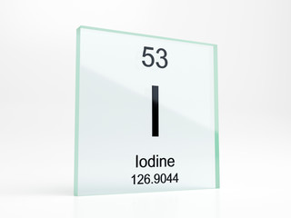 Iodine element symbol from periodic table on glass icon - realistic 3D render