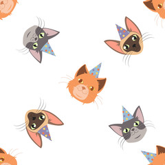 Vector Cat head for cat's birthday celebration greeting card or invitation banners seamless pattern.