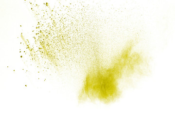 Yellow powder explosion isolated on white background.