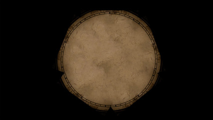 vintage papyrus excavation find circle shape ancient object black background wallpaper pattern mock...
