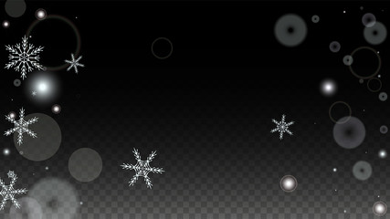 Christmas  Vector Background with White Falling Snowflakes Isolated on Transparent Background. Realistic Snow Sparkle Pattern. Snowfall Overlay Print. Winter Sky. Design for Party Invitation.