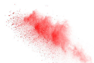 Red powder explosion on white background. Colored cloud. Colorful dust explode