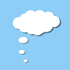White paper thought bubble on blue background. Cloud speech frame icon. Think balloon silhouette design. Vector illustration.