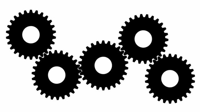 Animated black gears spin on white background.