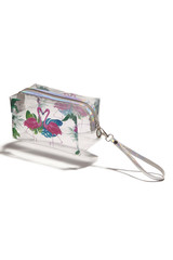 Subject shot of a clear makeup bag with zipper, handle and a print of dancing flamingos in tropic bush. The colorful beauty case is isolated on the white background with shadows.