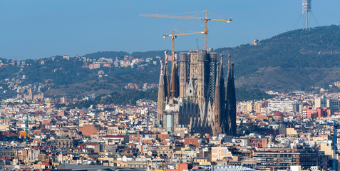 Barcelona, Spain - January 26, 2020: Aerial view of Barcelona, panorama of the city and the Temple of the Sagrada Familia.