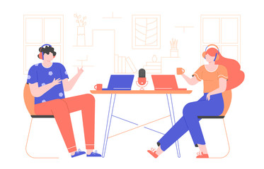 Record a podcast or tutorial webinar. Interview online. The guy and the girl are sitting are wearing headphones, laptops are on the table. Vector flat illustration with bright characters.