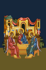 Fototapeta na wymiar Holy Trinity. Trinitarian. Father, Son, Holy Ghost. Illustration in Byzantine style