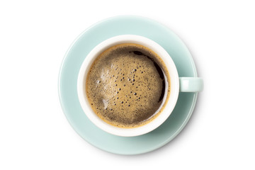 blue coffee cup top view closeup isolated on white background.