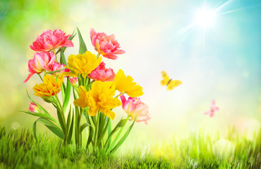 Beautiful yellow tulips flowers on blurred light background. Spring or summer floral background with copy space