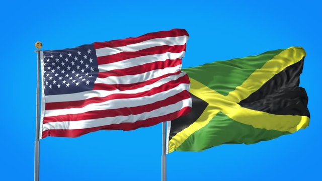Jamaica and United States flag waving in deep blue sky together. High Definition 3D Render.