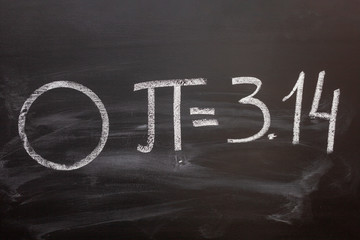 number pi handwritten with white chalk on a blackboard