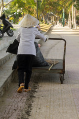 Vietnamese woman pushing a cart along the road