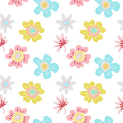 Seamless colorful floral pattern with wild abstract flowers on white background. Simple scandinavian style. Vector flat illustration