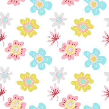 Seamless colorful floral pattern with wild abstract flowers on white background. Simple scandinavian style. Vector flat illustration