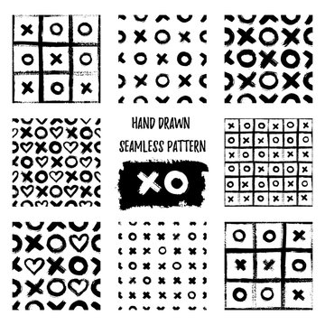 Set of XOXO seamless patterns. Vector Abstract backgrounds with ink brush strokes. Monochrome Scandinavian hand drawn print. Grunge texture with simbols of zero, cross and heart.