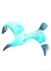 Watercolor on a white background. Abstract blue gull. Watercolor blurry, speed  texture.