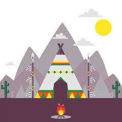 Native American indian tent, traditional teepee vector illustration. Simple landscape with mountains and ethnic American indian tribe village camp. Wigwam tent outdoors, spears with feathers, campfire