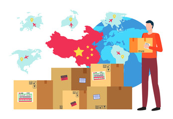 Character holding carton box in hands. Globe and flag of china. Business trade with oriental country. Asian partner and supplier of goods for shipment. Logistics and retailing male, vector in flat
