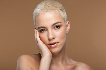 Blonde stylish woman with short haircut