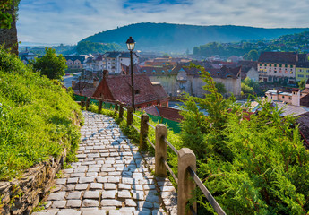 Stone paved alley on hillside of medieval fortified city of Sighisoara, Transylvania region, Romania