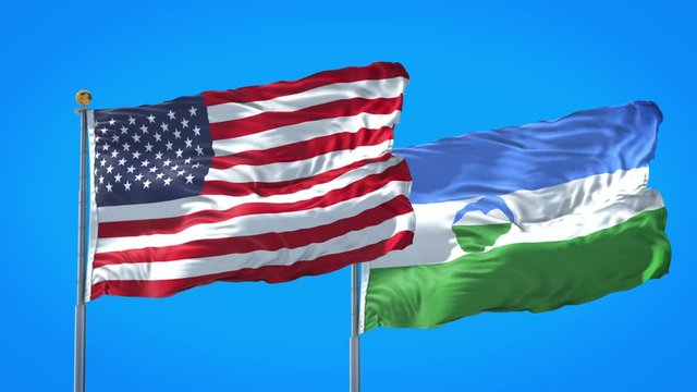 Kabardino Balkaria and United States flag waving in deep blue sky together. High Definition 3D Render.