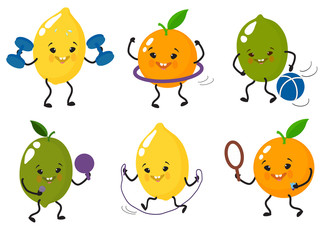 Lemon, Orange, Lime. A set of cute, attractive, funny characters involved in sports, kettlebells, hoop, jump rope, tennis