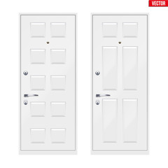 Set of Classic white entrance doors. Outdoor view without window. Presentation of metal models and frame installation. Vector Illustration isolated on white background.