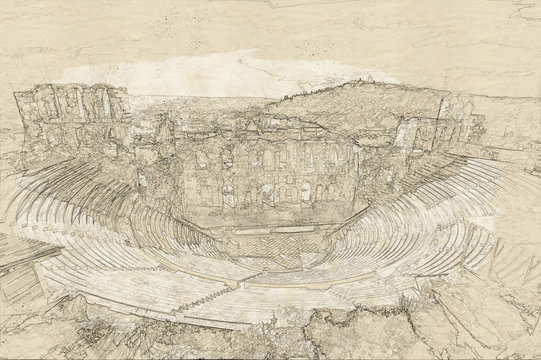 Sketch of  ruins of ancient theater of Herodion Atticus, HDR from 3 photos