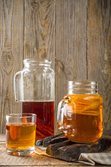 Fermented drink, Homemade sweet fermented tea Kombucha, in different jars and glasses