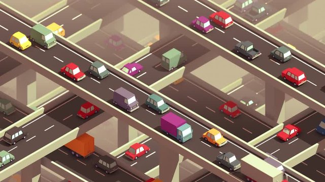 Seamlessy loopable animation of a highway world. Great to illustrate air pollution due to car traffic or urbanization. Isometric low-poly style. Color version.
