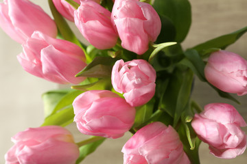 Obraz premium Beautiful pink tulips with green leaves, close up